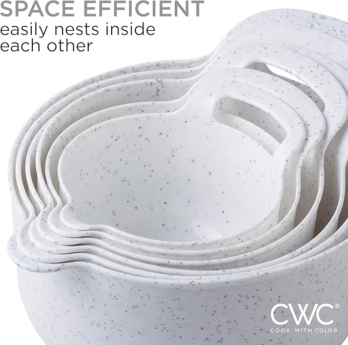 COOK WITH COLOR Nesting Plastic Mixing Bowl Set with Pour Spouts and Handles, Speckled White, 6 Piece Non-Slip