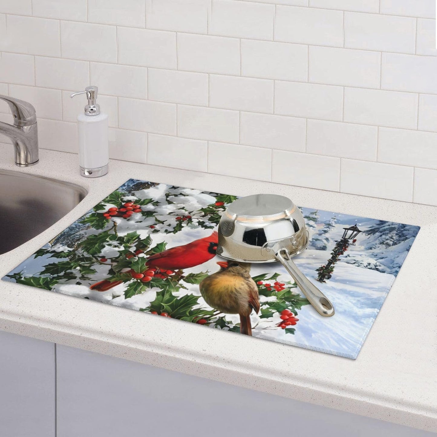 Kitchen Drying Mat Winter Cardinal Birds Microfiber Dish Drainer Mat for Kitchen Counter Absorbent Reusable Washable 18x24 Inch Home Holiday Decor