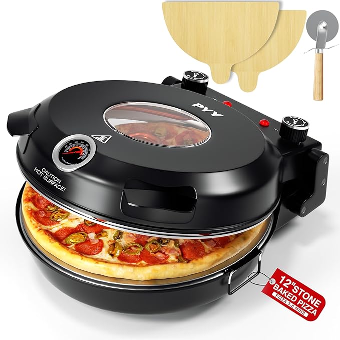 PYY Pizza Oven - 12 Inch Electric Pizza Maker Machine Heats up to 800℉ with Pizza Stone, Viewing Window, Thermometer Table Top Portable Pizza Cooker Countertop for Home Patio RV Dorm