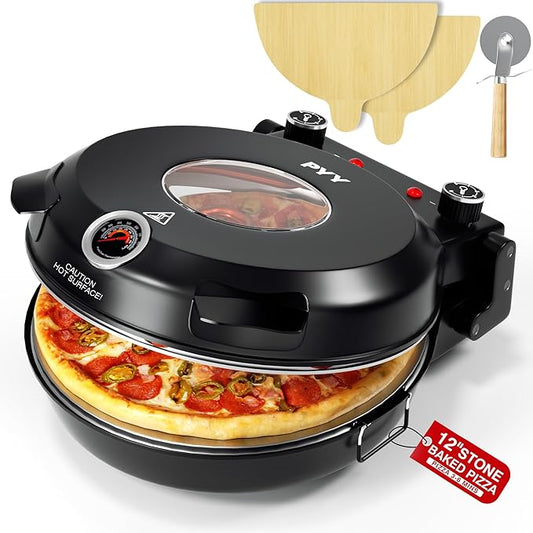 PYY Pizza Oven - 12 Inch Electric Pizza Maker Machine Heats up to 800℉ with Pizza Stone, Viewing Window, Thermometer Table Top Portable Pizza Cooker Countertop for Home Patio RV Dorm