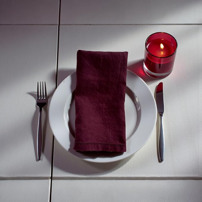 Hemstitched Linen Napkins – 20 Inch x 20 Inch – Stonewashed Pure Linen Cloth Dinner Napkins with Mitered Corners - 100% French Flax – Machine Washable - Set of 4 (Burgundy)