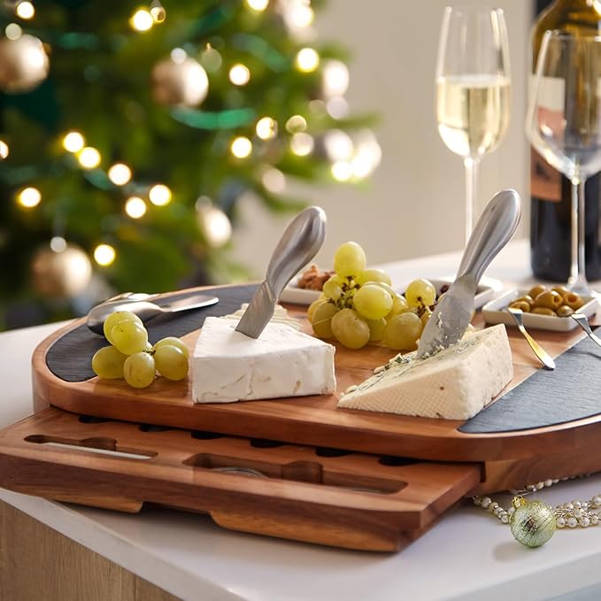 Premium Oval Charcuterie Board Cheese Board Set: Acacia Wood, Stainless Steel Knives - Christmas Gifts for Women, House Warming Ideas, New Home, Wedding presents for Couple, Bridal Shower