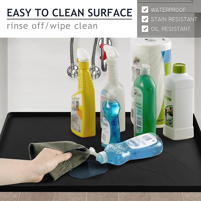 Heavy Duty Silicone Under Sink Mats for Kitchen Waterproof 19" x 19", Extra Thick Under Sink Rubber Mat Drip Tray, Raised Edge Under Sink Liner,Prevent Drips, Leaks, Spills,Black