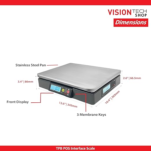 VisionTechShop TPB-60LB, POS Interface Portion Scale with Most ECR's and POS Systems, Lb/Oz/Kg Switchable, 60lb Capacity, 0.01lb Readability, Dual Display, NTEP Legal for Trade COC #22-010