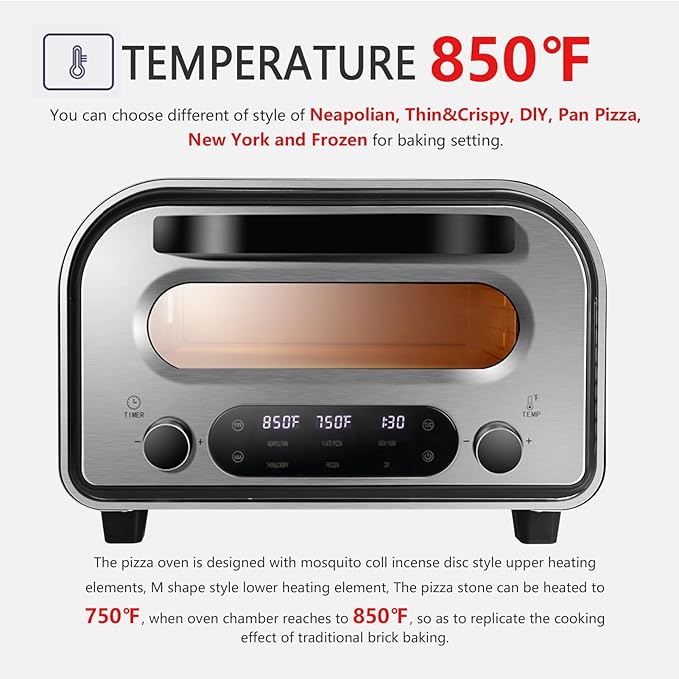 Electric Pizza Oven Indoor 1700W Countertop Pizza Maker Fast Heating up to 850°F Touchscreen 6 Preset Modes Adjustable Timer & Temp Knobs Used for Commercial & Home Kitchen in Silver
