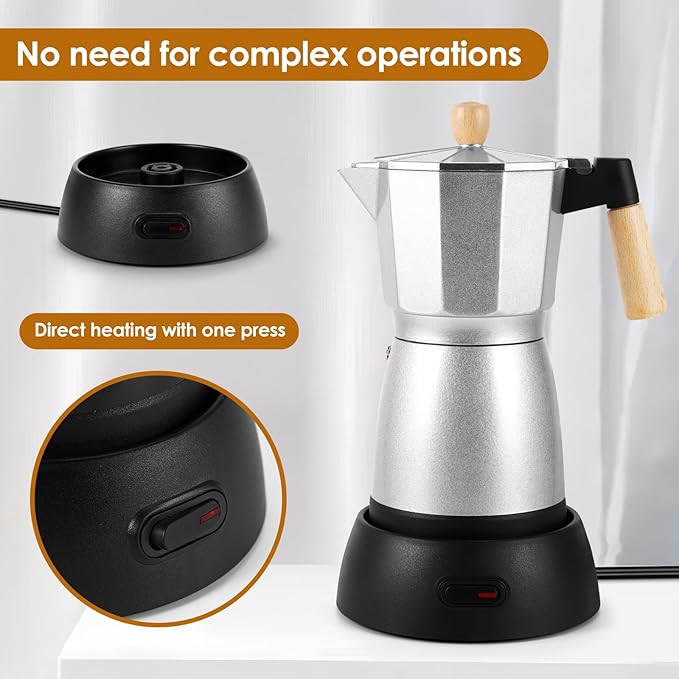 AOZBZ Moka Pot Electric Espresso Coffe Maker, 300ml 6 Cups Portable Coffee Pot with Overheat Protection and Detachable Base, Electric Espresso Maker, 450W, Silver