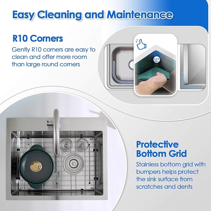 ROVOGO 20x16x9 in. Drop-in Kitchen Sink Single Bowl, 304 Stainless Steel Handmade Modern Sink Top Mount with Bottom Grid and Offset Drain Assembly, 1 Faucet Hole, Brushed