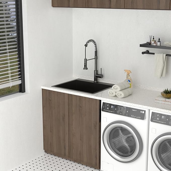 Lordear 25 Drop In Laundry Sink Black 25"x22"x12" Deep Laundry Utility Sinks Topmount Single Bowl Sink 16 Gauge Stainless Steel Laundry Room Sinks