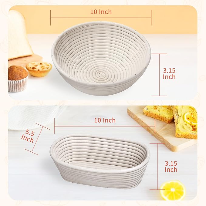 10 Inch Round & Oval Sourdough Proofing Basket Set, Banneton Bread Proofing Basket with Starter Jar, Sourdough Starter Kit Includes Bread Knife & Bread Board Natural Rattan for Perfect Loaves