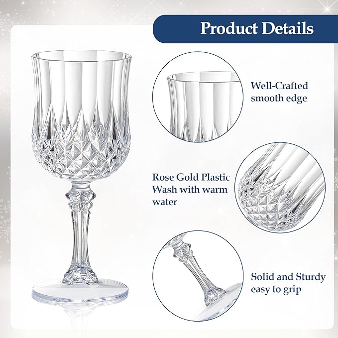 XUWAIDSGN 24 Pcs 7oz Plastic Vintage Wine Glasses Drinking Glasses Unbreakable Wedding Glassware Crystal Water Goblets Reusable Drinkware Vintage Champagne Flutes (24, Clear)