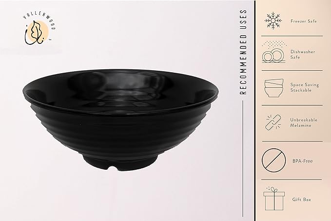 4 Ramen Bowls, 12 pieces Pho set. All Black Asian Japanese soup. Utensil: Spoons And Chopsticks kit. Melamine. Large 37 oz. Noodles, Rice, Udon, Thai, Chinese, Korean, Wonton, Miso