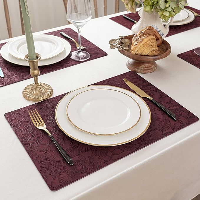 Romanstile Vinyl Placemats Set of 4-12 X 18 Inch - Heat Resistant Non-Slip Embossed Floral Place Mats 100% Waterproof Oilproof Wipeable Faux Leather Table Mats for Kitchen/Dining/Party, Burgundy