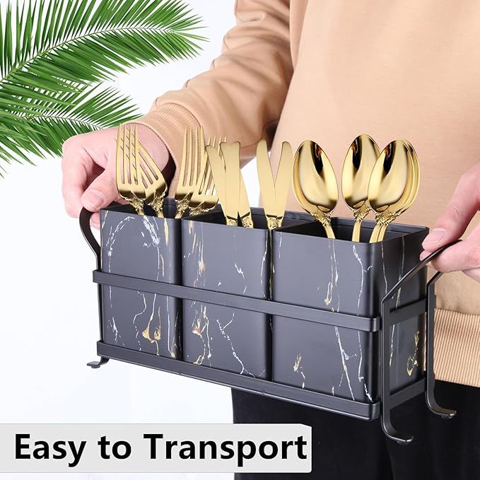 Kitchen Utensil holder for Countertop, Silverware Caddy,Golden Marble Black Flatware Holder Utensil Cutlery Organizer for Party Gatherings, Metal and Durable Design
