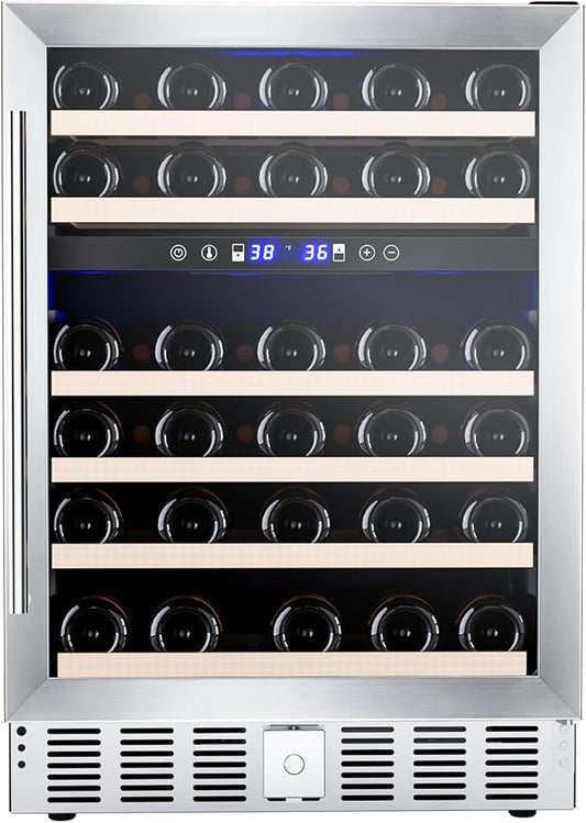 52 Bottle Wine Fridge with Lock, 24 Inch Wine Refrigerator for Red, White, Champagne, Beer, Dual Temperature Zone, Built-In or Freestanding, Wood Shelves, Stainless Steel Glass Door