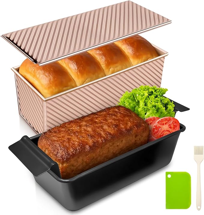Pullman Loaf Pan with Lid + Non-Stick Meatloaf Pan with Draining Insert, Carbon Steel Bakeware with Scraper & Brush, 2LB Baking Pans for Homemade Bread & Meatloaf