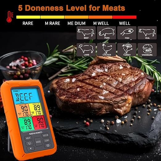 Color Screen Wireless Meat Thermometer for Grilling and Smoking, 4 Temperature Probes Food Thermometer for Outside Grill, BBQ Thermometer for Cooking Baking Turkey Fryer Smoker Acessories