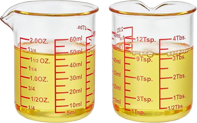 High Borosilicate Glass Measuring Cup-V-Shaped Spout，Glass Measuring Beaker for Kitchen or Restaurant, Easy to Read, 60 ML (2 Oz)-Pack of 2