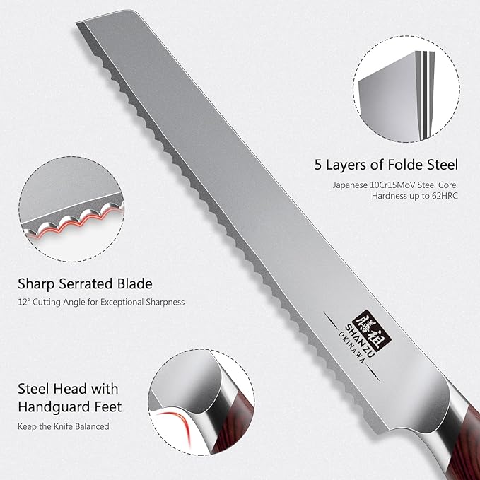 SHAN ZU Bread Knife 8 Inch, Japanese High Carbon 10Cr15Mov Stainless Steel Cake Knife, Razor Sharp Sourdough Slicing Knife, Multifunction Serrated knife for Homemade Bread