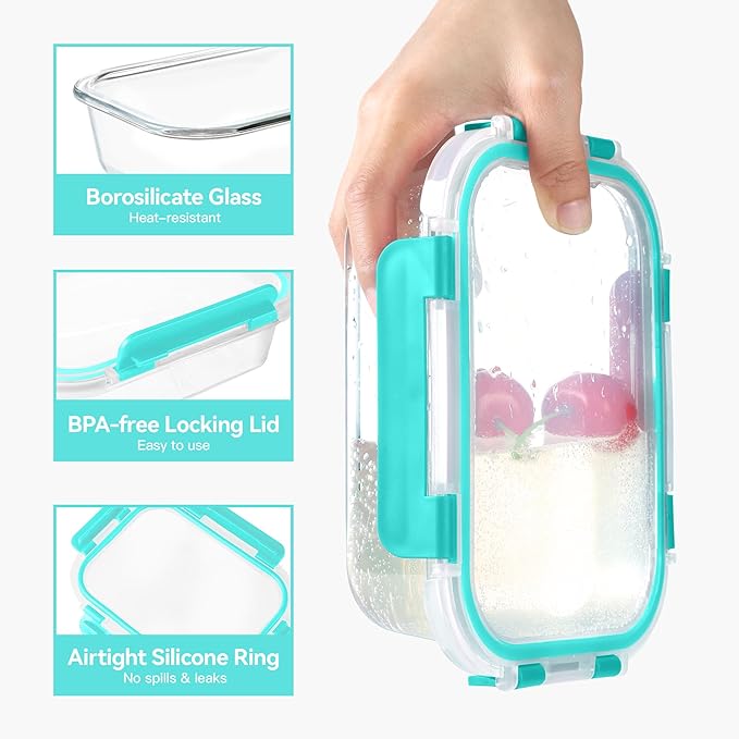 BAYZZ 10 Pack 22 oz Glass Meal Prep Containers, Glass Food Storage Containers with Airtight Lids, BPA-Free, Freezer and Microwave Safe, Green