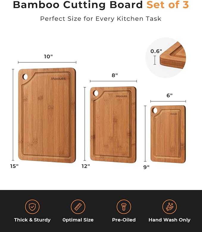 Deep-Carbonized Bamboo Cutting Board for Kitchen, Wooden Cutting Boards Set 3-Piece with Juice Groove, Durable Chopping Boards for Meat, Vegetables, Fruits, Cheese – Multi-Purpose, Knife-Friendly