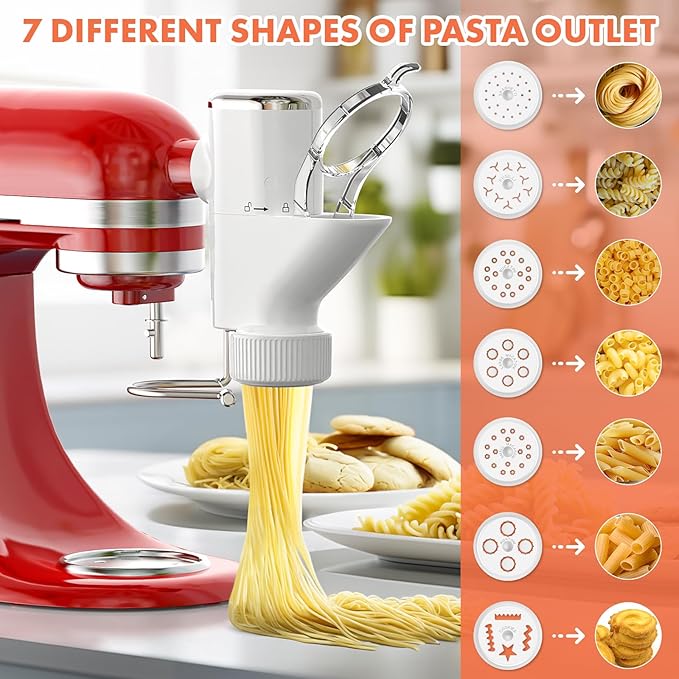 Cofun Gourmet Pasta Press Attachment for KitchenAid Stand Mixer, Pasta Maker with 7 Interchangeable Plates to Make 7 Pasta Shapes, Easy to Use & Easy Clean Pasta Attachment for KitchenAid Stand Mixer