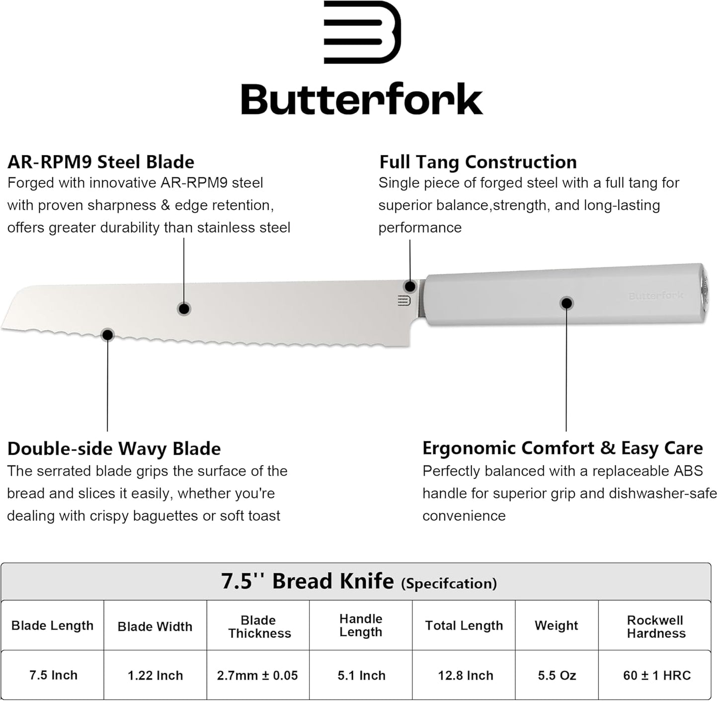 7.5" Serrated Bread Knife for Homemade Bread, Razor Sharp AR-RPM9 Steel & Innovative Wavy Edge, Professional Serrated Knife for Sourdough Bread Cake, Gift Box for Baker Home Chefs