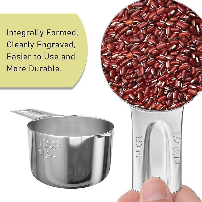 2PCS 1/2Cup (120ml, 4oz) Single Measuring Cup, Stainless Steel Measure Scoop, Metric and US Measurement, Dishwasher Safe