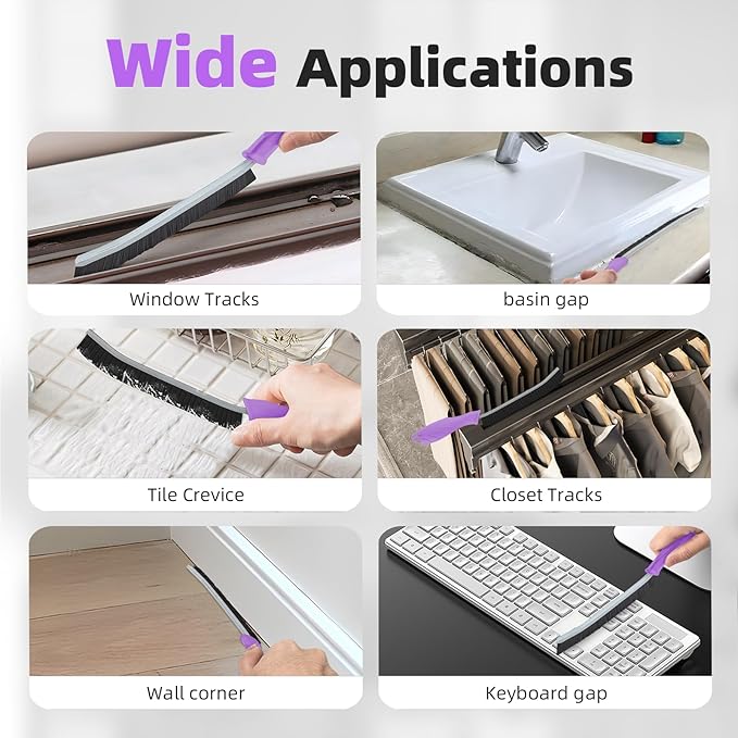 Hard Bristle Crevice Cleaning Brush - Cleaning Supplies - Grout Cleaning Brushes for Household Use - Crevice Cleaning Tool for Bathroom, Home and Kitchen (3, Purple)