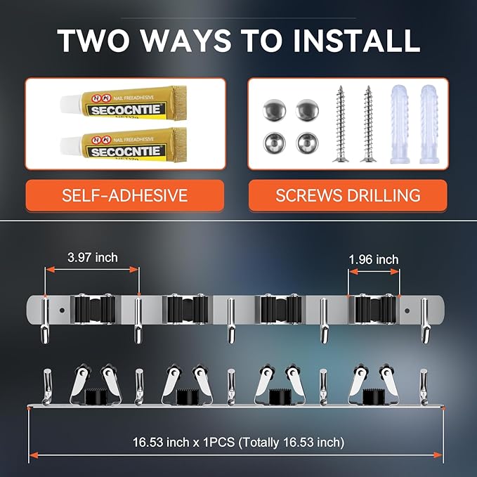 ZONGOOL 4 Racks and 5 Hooks Broom Holder Wall Mount Mop Hanger Wall Mounted Mop and Broom Storage Tool Rack Stainless Steel Garage Organization Garden Kitchen Home Laundry Organizer (Silver)