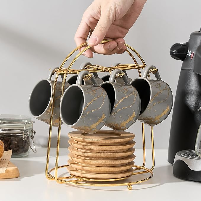 LUKA Ceramic Espresso Cups with Saucers and Metal Stand, Small 4 oz Porcelain Demitasse Cups Set of 6, Cute Cappuccino Coffee Cups for Double Espresso, Tea, Marbling Gray