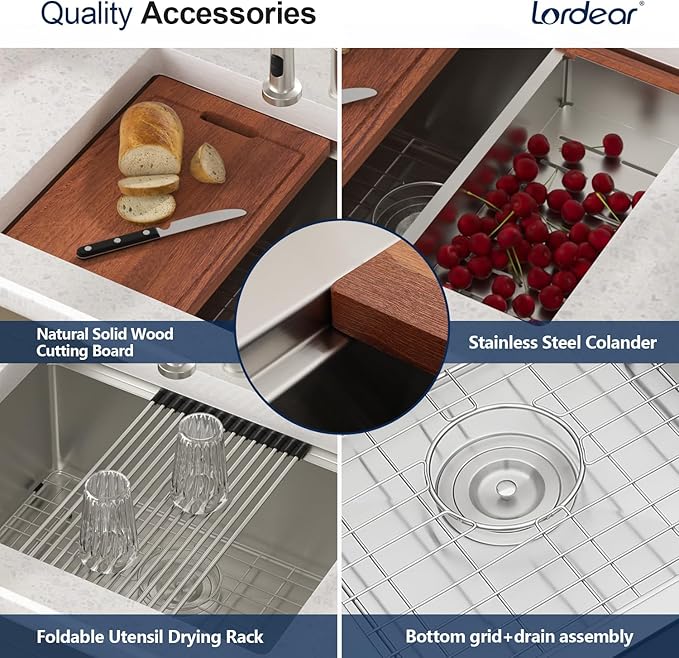 Lordear 25 Inch Undermount Kitchen Sink Workstation 25x19x10 16 Gauge Stainless Steel Single Bowl Round Corner Kitchen Sinks