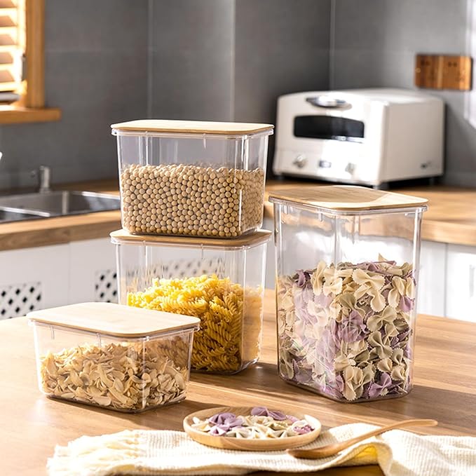 Large Capacity Plastic Food Storage Containers with Bamboo Lid - Moisture-proof Sealing Box Jars with Wooden Lids for Kitchen Storage (128 OZ - L)