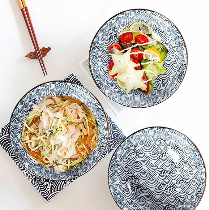Houlu 60 oz Pho Bowls, Large Soup Bowl, Japanese Ramen Bowl Set, 8 inches Big Porcelain Bowls Set of 3, Wave Pattern