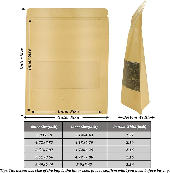 100 PCS Resealable Bags, Stand Up Kraft Paper Bags with Matte Window, Zipper Lock Food Storage Bags for Small Business and Home, 6.69 * 9.44 Inch Reusable Sealable Bags for Packaging