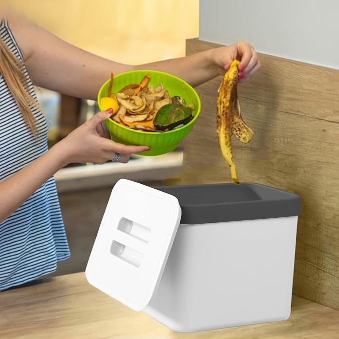 Kitchen Compost Bin Countertop, LALASTAR Hanging Trash Can with Lid for Kitchen Cabinet Door, Wall-Mounted Compost Pail with Colander, 1.8 Gallons, White