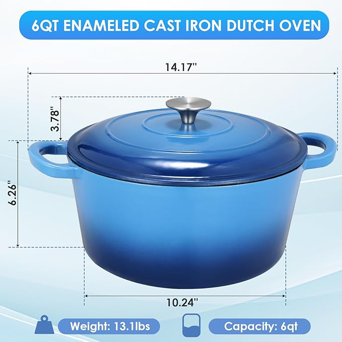 LIFERUN 6 Qt Enameled Cast Iron Dutch Oven Pot with Lid，Oven Safe up to 500° F, Heavy-Duty Non-Stick Dutch Oven with Dual Handles for Bread Baking, Fry Foods, Braising, Stews, Roasting (Blue)