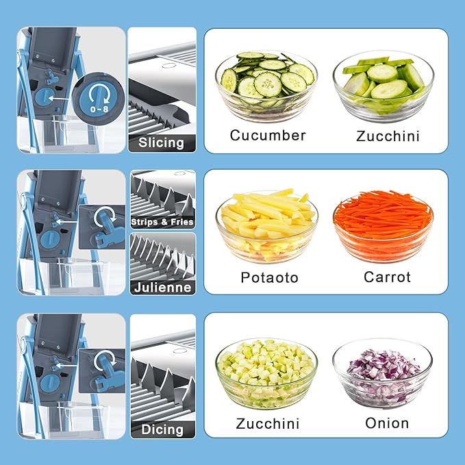 Vegetable Chopper with Adjustable Thickness - Safe Mandoline Food Slicer for Kitchen, Multifunctional Veggie Chopper Vegetable Cutter Slicer Dicer, All in 1, can Slice, Shred -Blue