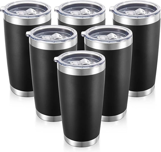 20 oz Tumblers Bulk Stainless Steel Tumbler with Lid Double Wall Vacuum Insulated Coffee Mug 20oz Powder Coated Cup for Hot and Cold Drinks, Black, 6 pack