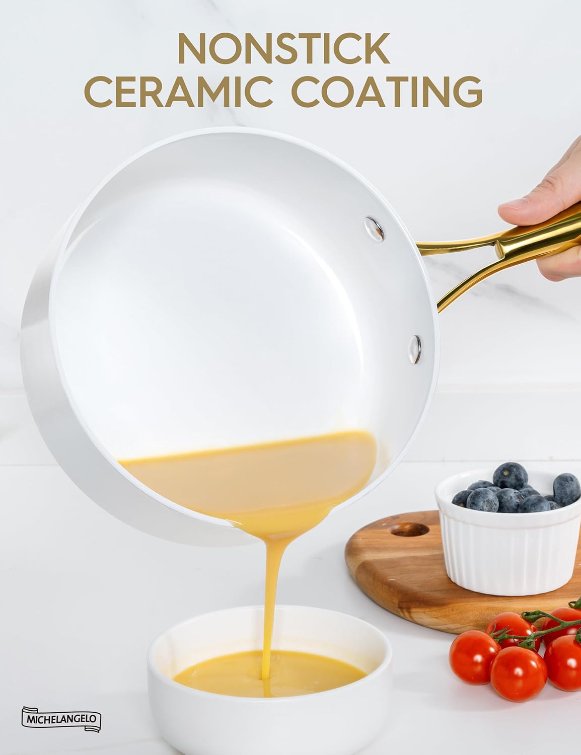 MICHELANGELO 2 Quart Saucepan with Lid, Nonstick Ceramic Sauce Pan with Ergonomic Handle, 2 Qt Small Pot, Oven-Safe, Induction-Compatible, White