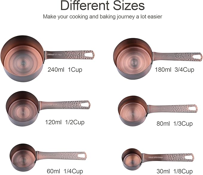 Copper Measuring Cups and Spoons Set - Stainless Steel 6 Cups, 7 Spoons, 1 Leveler, 2 Locking Rings - Kitchen Tool