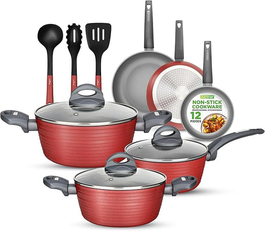NutriChefKitchen 12-Piece Nonstick Kitchen Cookware Set-PTFE/PFOA/PFOS-Free Heat Resistant Lacquer Kitchen Ware Pots Pan Set Dark Gray/Red- Saucepot, Pans, Cooking Pot Oven Pot,Lid,Utensil - NCCW12RED