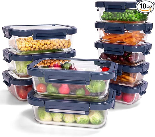 10-Pack Glass Food Storage Containers with Tempered Lids – Borosilicate, Airtight, Oven-Safe (-4°F~950°F), BPA-Free, 4.4 & 1.6 Cup, Leak-Proof, Dishwasher Safe (Blue)