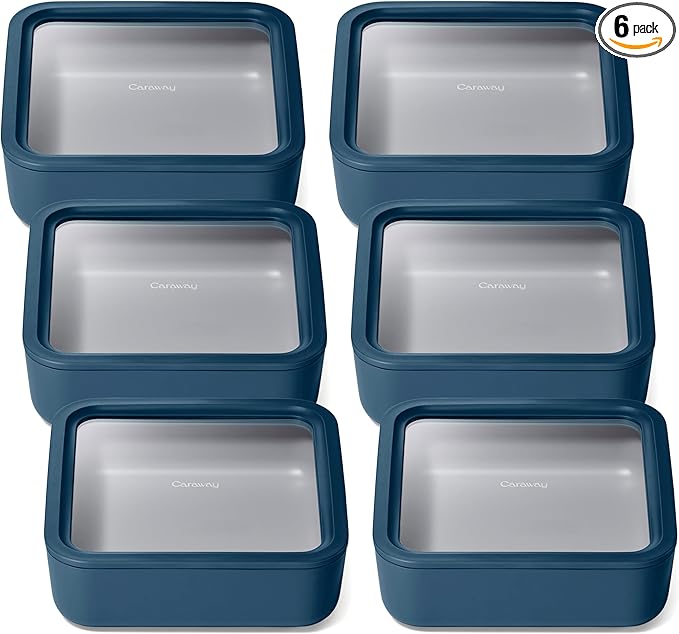 Caraway 6pc Glass Food Storage Set – 10 Cup Food Containers (6) - Ceramic Coated - Non Toxic, Non Stick with Lids - Microwave Safe - Navy