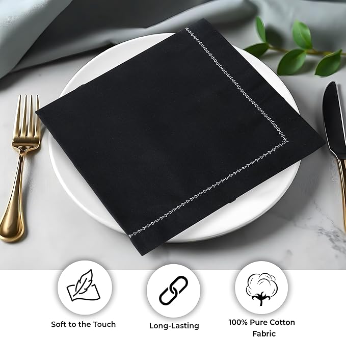 Urban Villa Cloth Napkin Set of 6 Hemstitch Black White 20x20 Inches Premium Soft Cotton Highly Absorbent Reusable & Washable Dinner Table Napkins for Home and Weddings