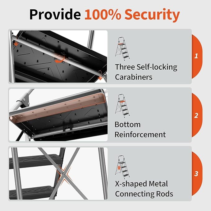 4 Step Ladder, Folding Step Stool with Anti-Slip Wide Pedal, Soft Handle, Anti-Slip Feet, Heavy-Duty Steel Construction, 900lbs Capacity Steel Ladder for Home Office, Grey