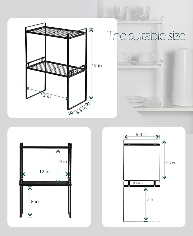 2pk Kitchen Cabinet Shelf Counter Organizer Rack Pantry Storage Bathroom Bedroom Office Table Desk Space Saving Steel Frame Stackable Rust Resistant Non Slip Black-Tall-L13in W8.3in H9.5in