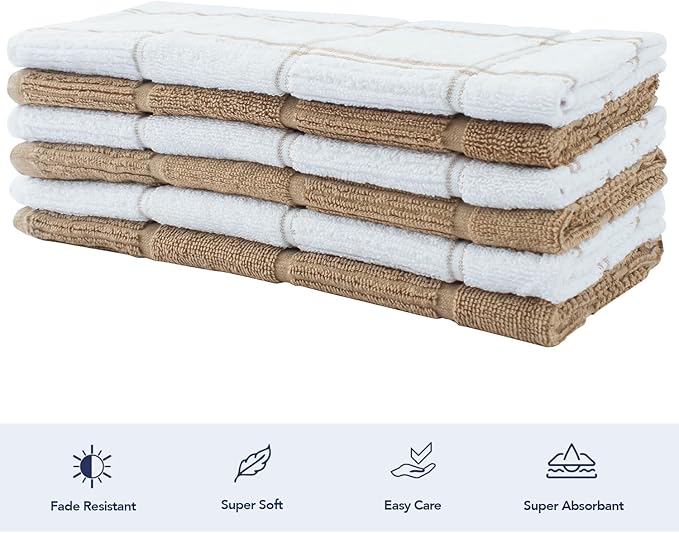 CRAFTSWORTH Kitchen Towels, 15 x 26 Inches, Pack of 6, 400 GSM, 100% Ring Spun Cotton, Tan Combo Windowpane Dish Towels Super Soft and Absorbent, Tea Towels and Bar Towels