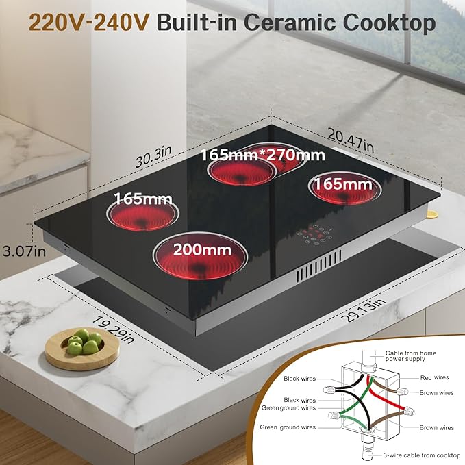 30 Inch Electric Cooktop with 4 Burner, 6400W Electric Stove top with Touch Control, Built-in Ceramic Cooktop, Pause, Safety Lock, Extended Zone & Timer, 220V Hard Wire, Nefaracy