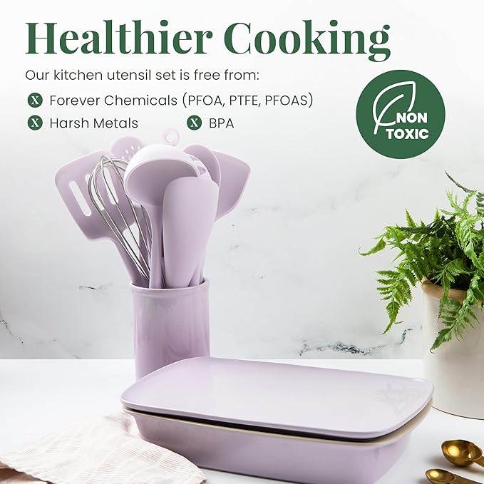 Larder & Vine 12-Piece Silicone Kitchen Cooking Utensils Set with Stainless Steel Handle and Ceramic Holder, Dishwasher Safe Set of Kitchen Essentials (Lavender)