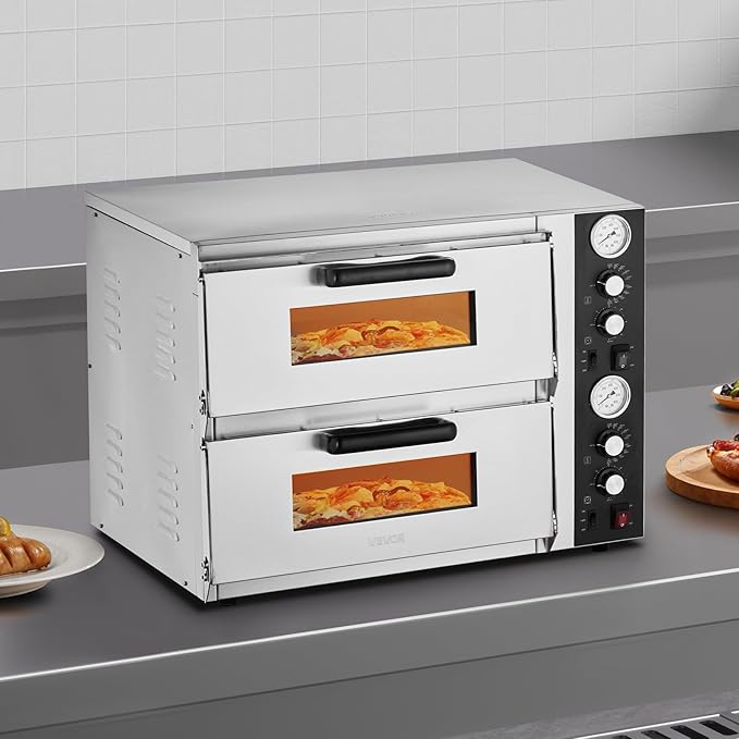 VEVOR Pizza Oven Electric, 18" Double-Deck Commercial Countertop Pizza Oven, 842°F Max Temp, Indoor Pizza Maker with Thermometer, Independent Upper & Lower Temp Control & Timer for Home Restaurant